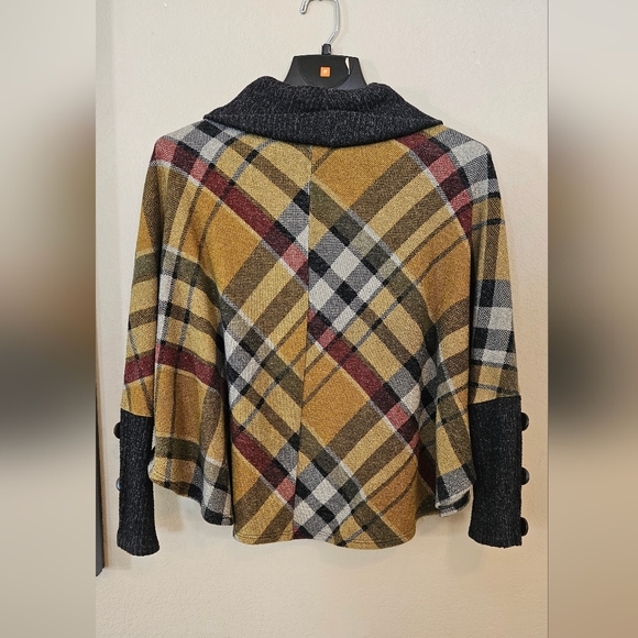 Chris & Carol Plaid Poncho Sweater in Mustard, Black & Red - Picture 2 of 4